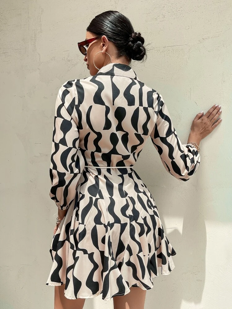 GENKIRA Vestido camisero con estampado todo sobre y cinturón, atuendos de trabajo y vacaciones para mujer - Multicolor - Añade 2