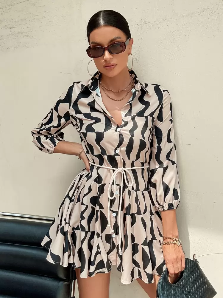 GENKIRA Vestido camisero con estampado todo sobre y cinturón, atuendos de trabajo y vacaciones para mujer - Multicolor - Añade 3