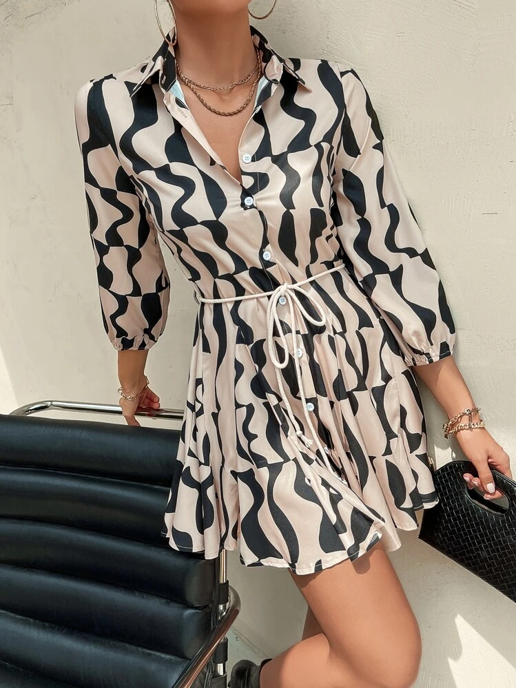 GENKIRA Vestido camisero con estampado todo sobre y cinturón, atuendos de trabajo y vacaciones para mujer - Multicolor - Añade 5