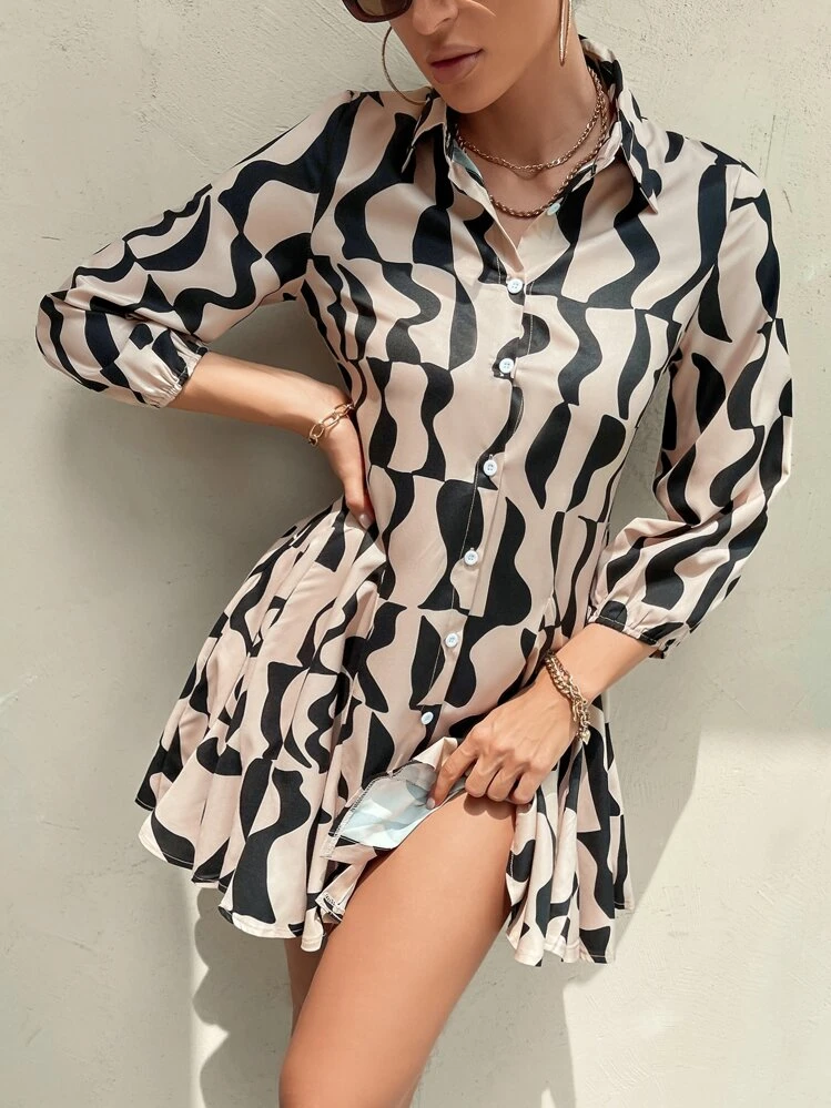 GENKIRA Vestido camisero con estampado todo sobre y cinturón, atuendos de trabajo y vacaciones para mujer - Multicolor - Añade 6