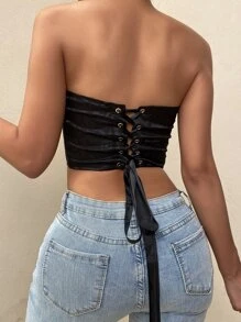 豹紋提花扣眼繫帶緊身上衣抹胸上衣 - 黑色 - 查看 2