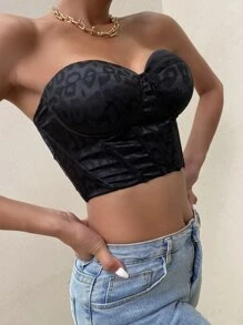 豹紋提花扣眼繫帶緊身上衣抹胸上衣 - 黑色 - 查看 3