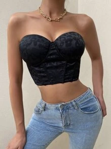 豹紋提花扣眼繫帶緊身上衣抹胸上衣 - 黑色 - 查看 4