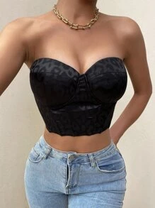 豹紋提花扣眼繫帶緊身上衣抹胸上衣 - 黑色 - 查看 5