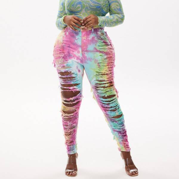 

Plus Tie Dye Ripped Skinny Jeans, Multicolor