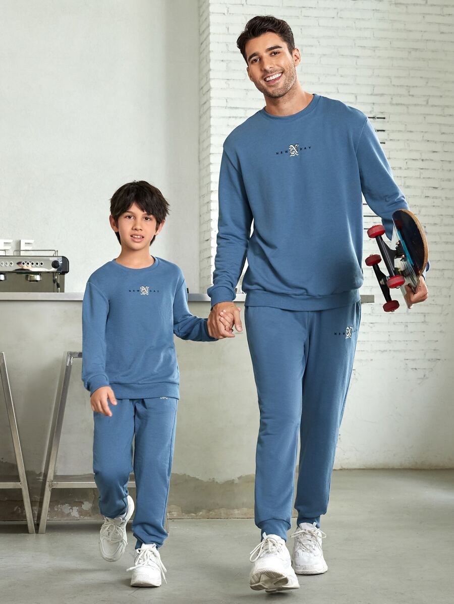 Manfinity VCAY Men 1pc Letter Embroidery Sweatshirt & 1pc Sweatpants, For Fall Winter - Dusty Blue - View 1