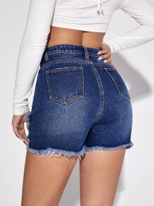 破洞抽鬚毛邊牛仔短褲 - 深色水洗藍 - 查看 2