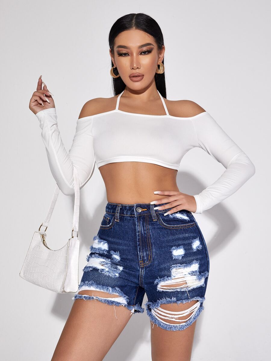 破洞抽鬚毛邊牛仔短褲 - 深色水洗藍 - 查看 1