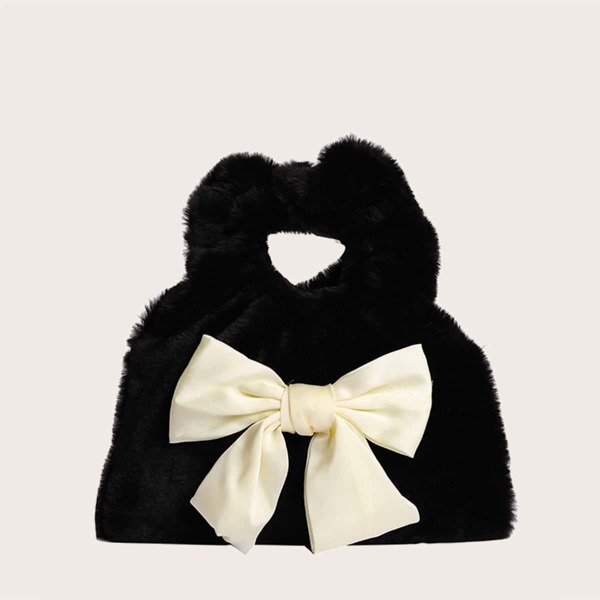 

Fluffy Bow Decor Ruched Bag, Black