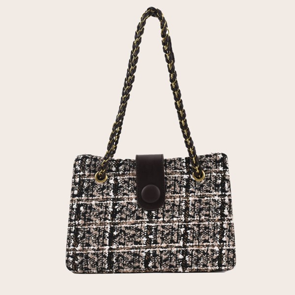

Tweed Snap Button Square Bag, Coffee brown