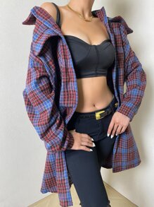 Plaid Print Drop Shoulder Overcoat - Multicolor - View 1