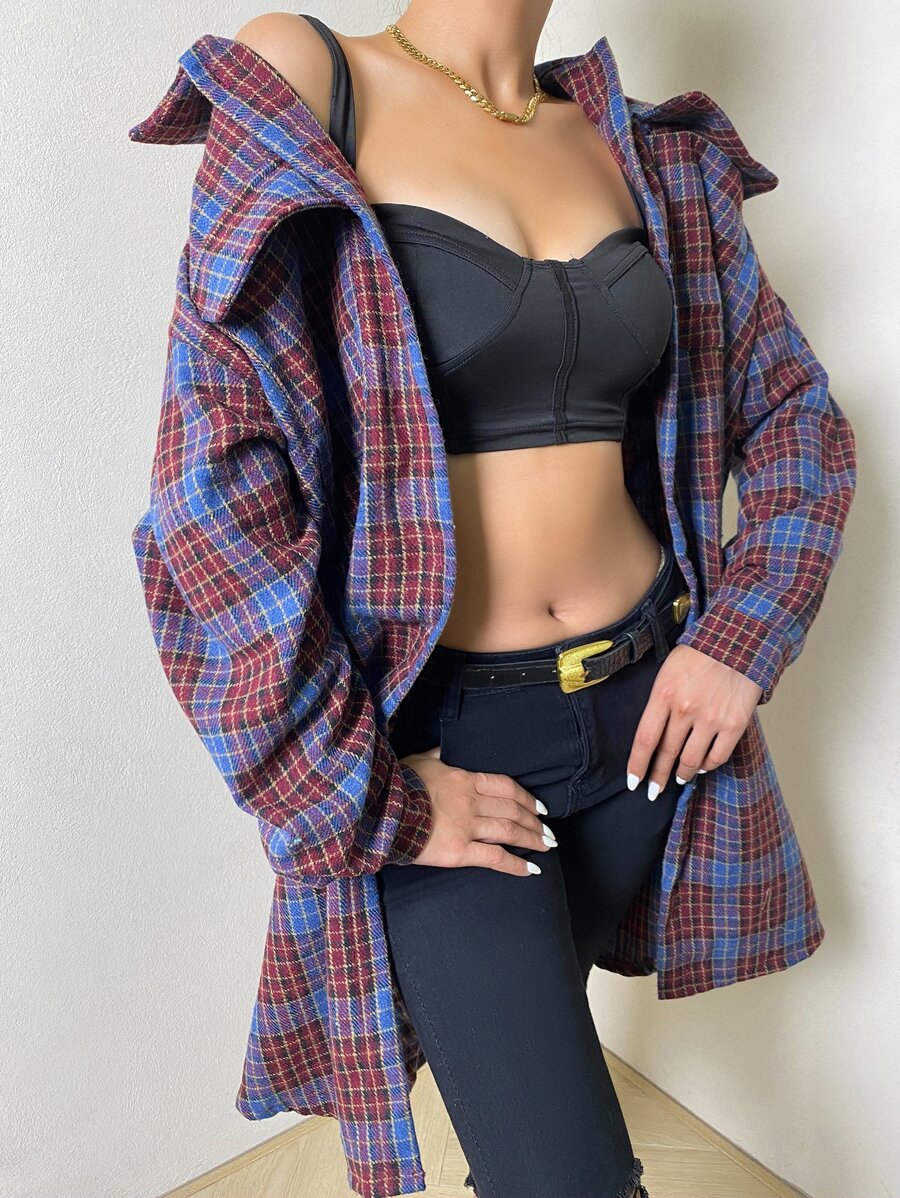 Plaid Print Drop Shoulder Overcoat - Multicolor - View 1