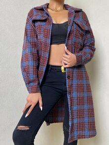 Plaid Print Drop Shoulder Overcoat - Multicolor - View 3