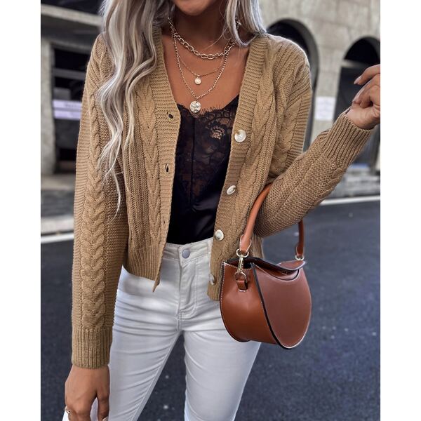 

Cable Knit Button Up Cardigan, Camel