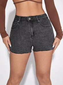 毛邊緣牛仔緊身短褲 - 深灰色 - 查看 4