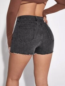 毛邊緣牛仔緊身短褲 - 深灰色 - 查看 2
