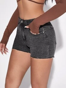 毛邊緣牛仔緊身短褲 - 深灰色 - 查看 5