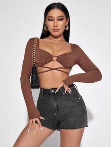 毛邊緣牛仔緊身短褲 - 深灰色 - 查看 3