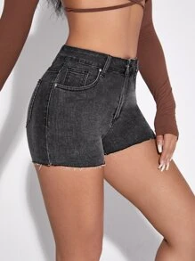 毛邊緣牛仔緊身短褲 - 深灰色 - 查看 1