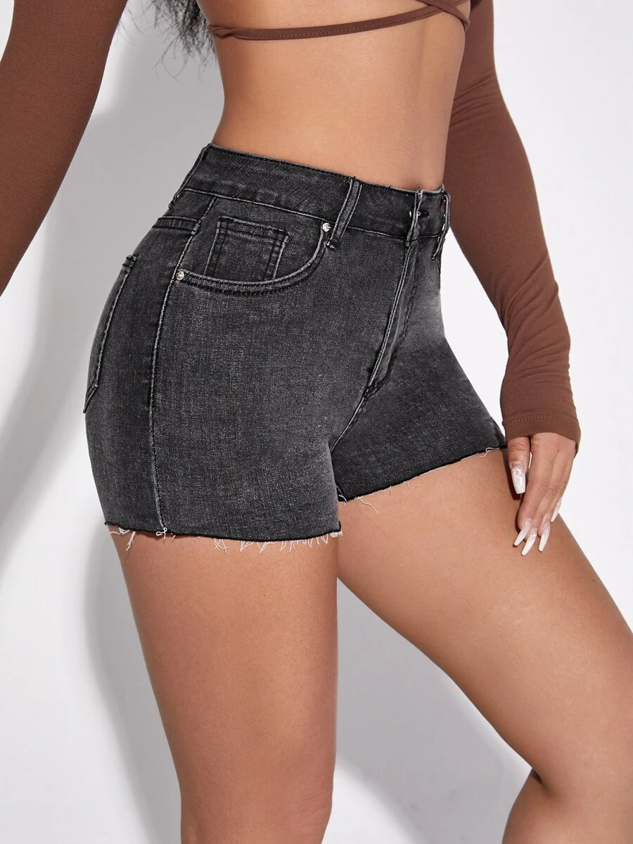 毛邊緣牛仔緊身短褲 - 深灰色 - 查看 1