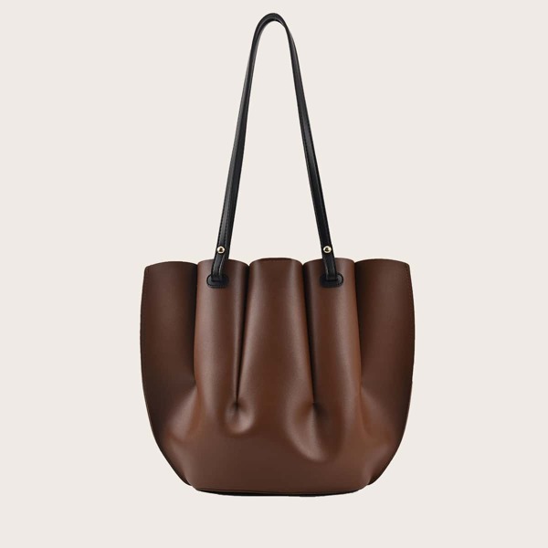

Pleated Snap Button Shoulder Tote Bag, Coffee brown