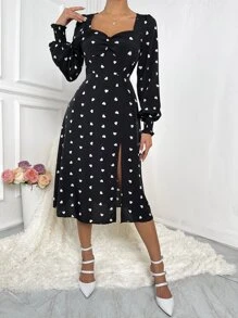 Chiquease Heart Print Sweetheart Neck Split Thigh Dress - Black - View 1