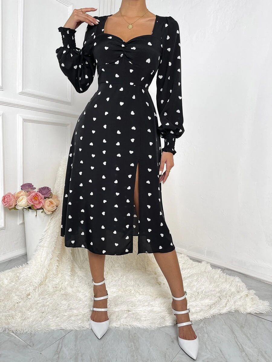 Chiquease Heart Print Sweetheart Neck Split Thigh Dress - Black - View 1
