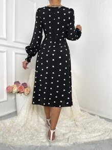 Chiquease Heart Print Sweetheart Neck Split Thigh Dress - Black - View 2