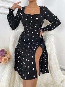 Chiquease Heart Print Sweetheart Neck Split Thigh Dress - Black - View 3