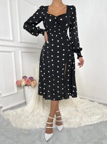 Chiquease Heart Print Sweetheart Neck Split Thigh Dress - Black - View 4