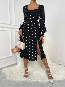 Chiquease Heart Print Sweetheart Neck Split Thigh Dress - Black - View 5