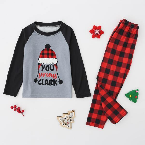 

для мальчиков 1шт рождественский с текстовым принтом Футболка & 1шт в клетку Брюки, Многоцветный