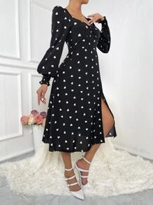 Chiquease Heart Print Sweetheart Neck Split Thigh Dress - Black - View 6