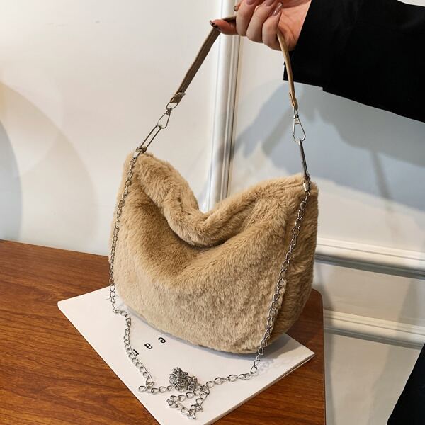 

Chain Decor Fuzzy Square Bag, Khaki