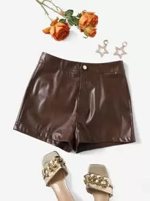 SHEIN Clasi PU Leather Skinny Shorts - Chocolate Brown - View 1