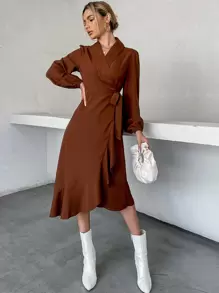 Vestido cruzado de manga farol con nudo lateral bajo con fruncido - Café integral - Ver 1