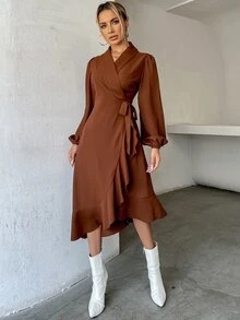 Vestido cruzado de manga farol con nudo lateral bajo con fruncido - Café integral - Ver 4