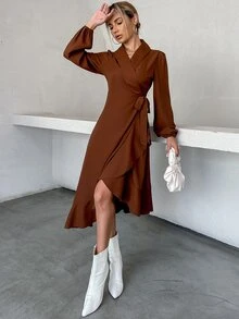 Vestido cruzado de manga farol con nudo lateral bajo con fruncido - Café integral - Ver 5