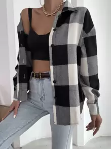 SHEIN Unity Camisa de cuadros de hombros caídos - Blanco y Negro - Ver 1