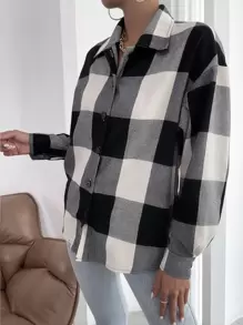 SHEIN Unity Camisa de cuadros de hombros caídos - Blanco y Negro - Ver 4