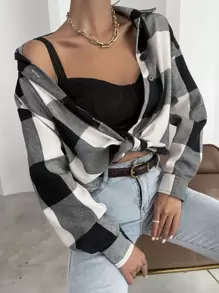 SHEIN Unity Camisa de cuadros de hombros caídos - Blanco y Negro - Ver 5