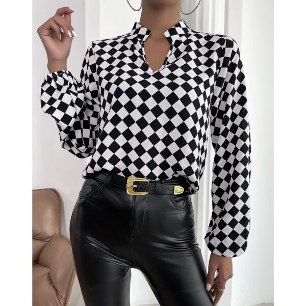 

Checker Print Lantern Sleeve Blouse, Black and white