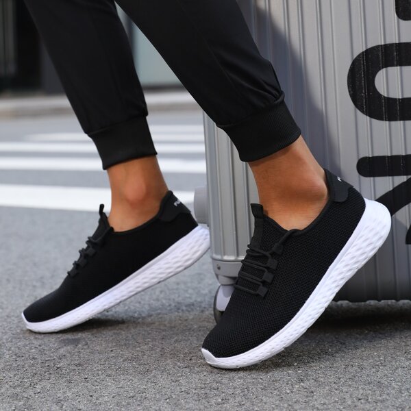

Men Lace Up Decor Knit Sneakers, Black and white