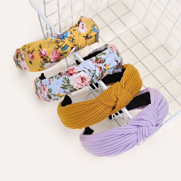 

4pcs Girls Flower Print Knot Decor Headband, Multicolor