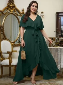 Plus Self Tie Ruffle Wrap Chiffon Dress - Dark Green - View 1