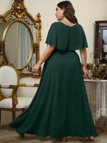 Plus Self Tie Ruffle Wrap Chiffon Dress - Dark Green - View 2