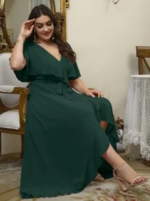 Plus Self Tie Ruffle Wrap Chiffon Dress - Dark Green - View 3