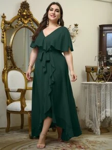 Plus Self Tie Ruffle Wrap Chiffon Dress - Dark Green - View 5