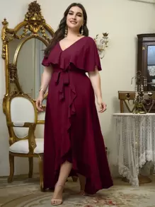 SHEIN Belle Vestido de dama de honor de gasa con volantes y autoanudado color rojo borgoña - Burdeos - Ver 5