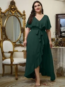 Plus Self Tie Ruffle Wrap Chiffon Dress - Dark Green - View 6
